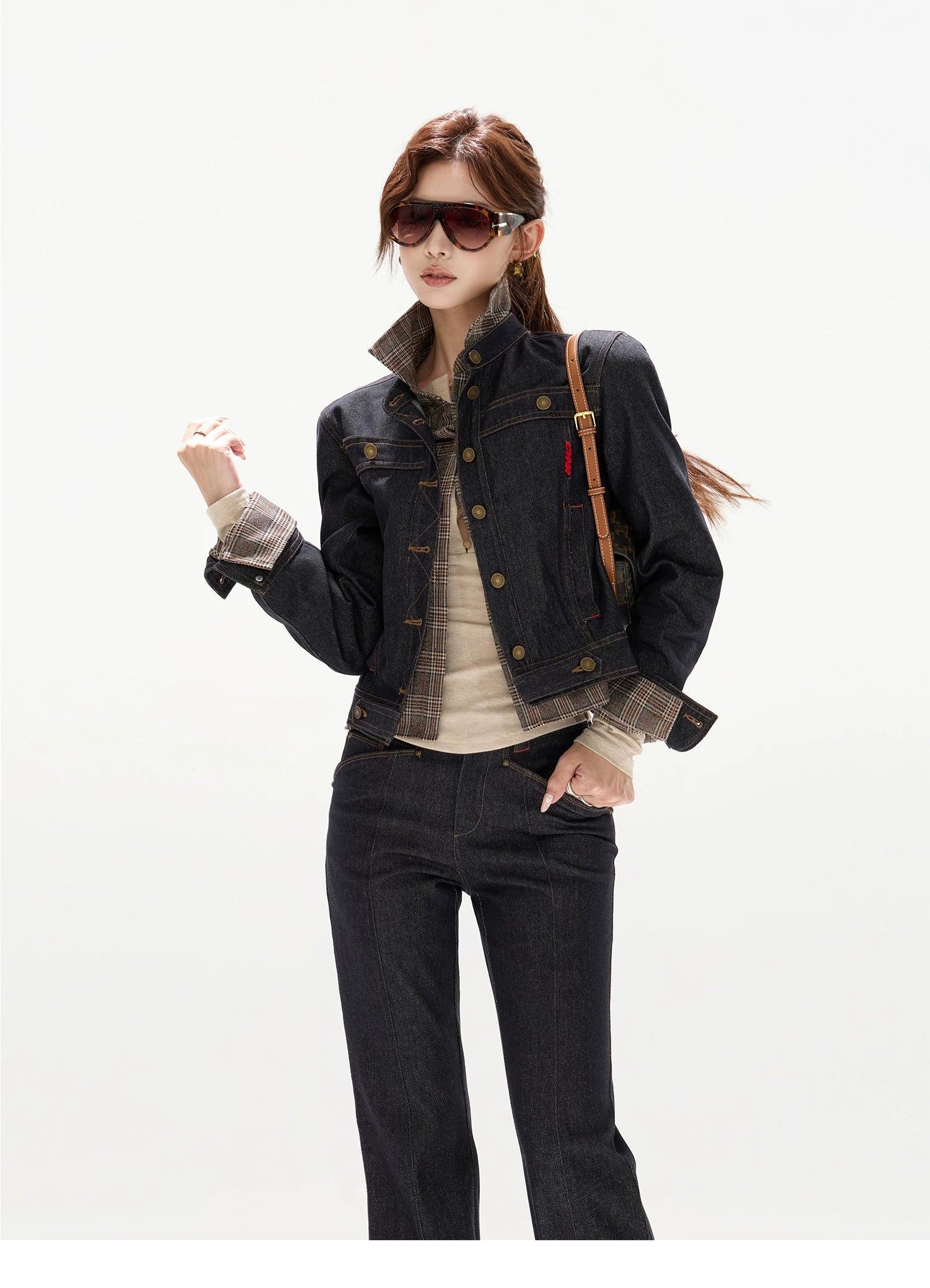 Plaid Mid-Rise Flared Wide-Leg Jeans