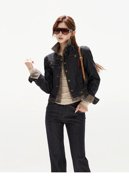 Plaid Mid-Rise Flared Wide-Leg Jeans