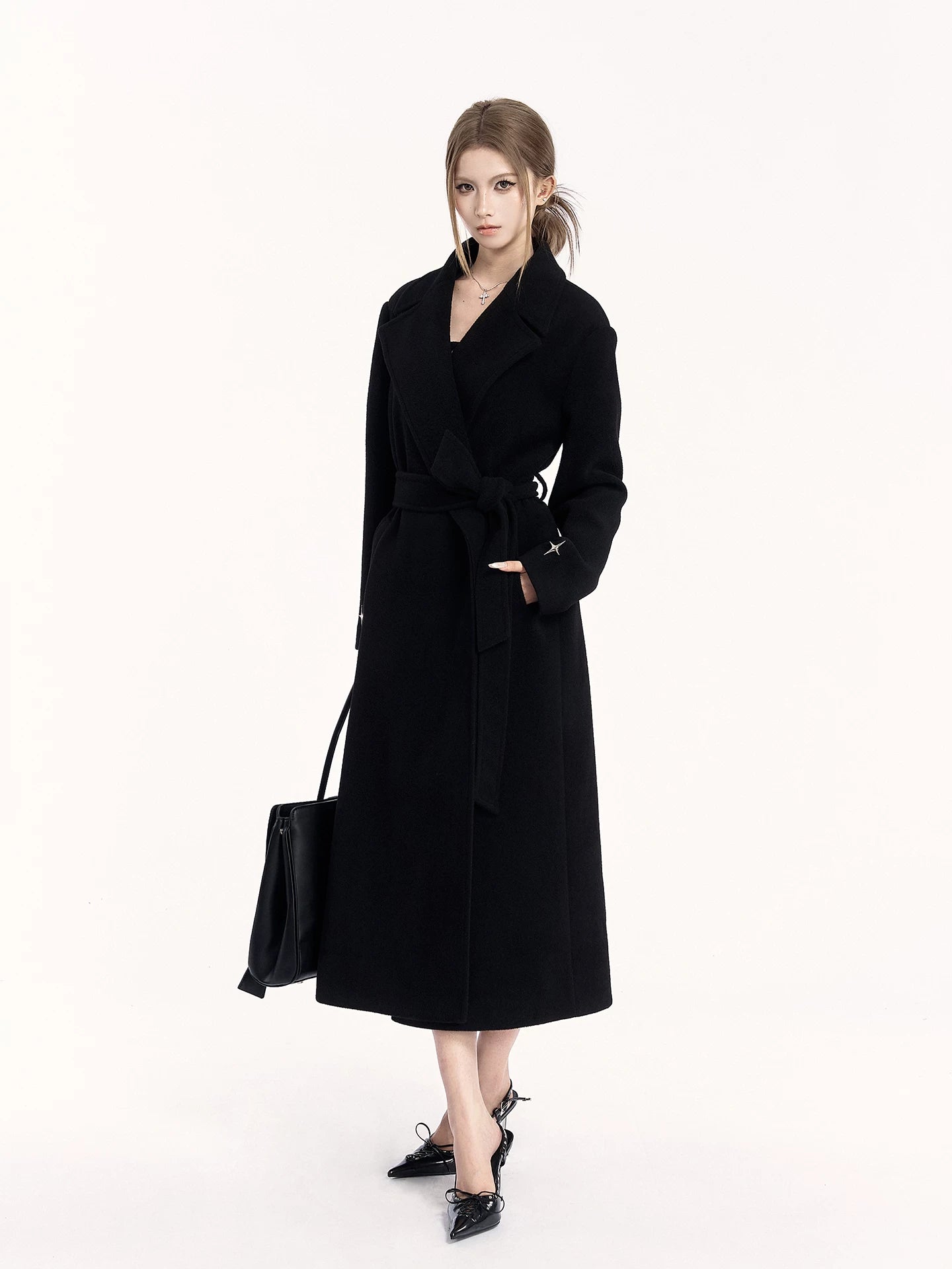 Padded-Shoulder Wool-Blend Long Coat