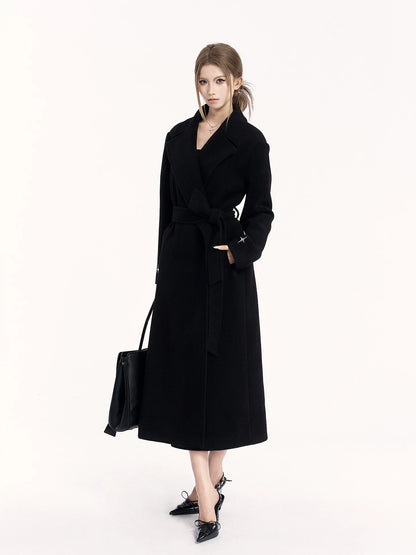 Padded-Shoulder Wool-Blend Long Coat