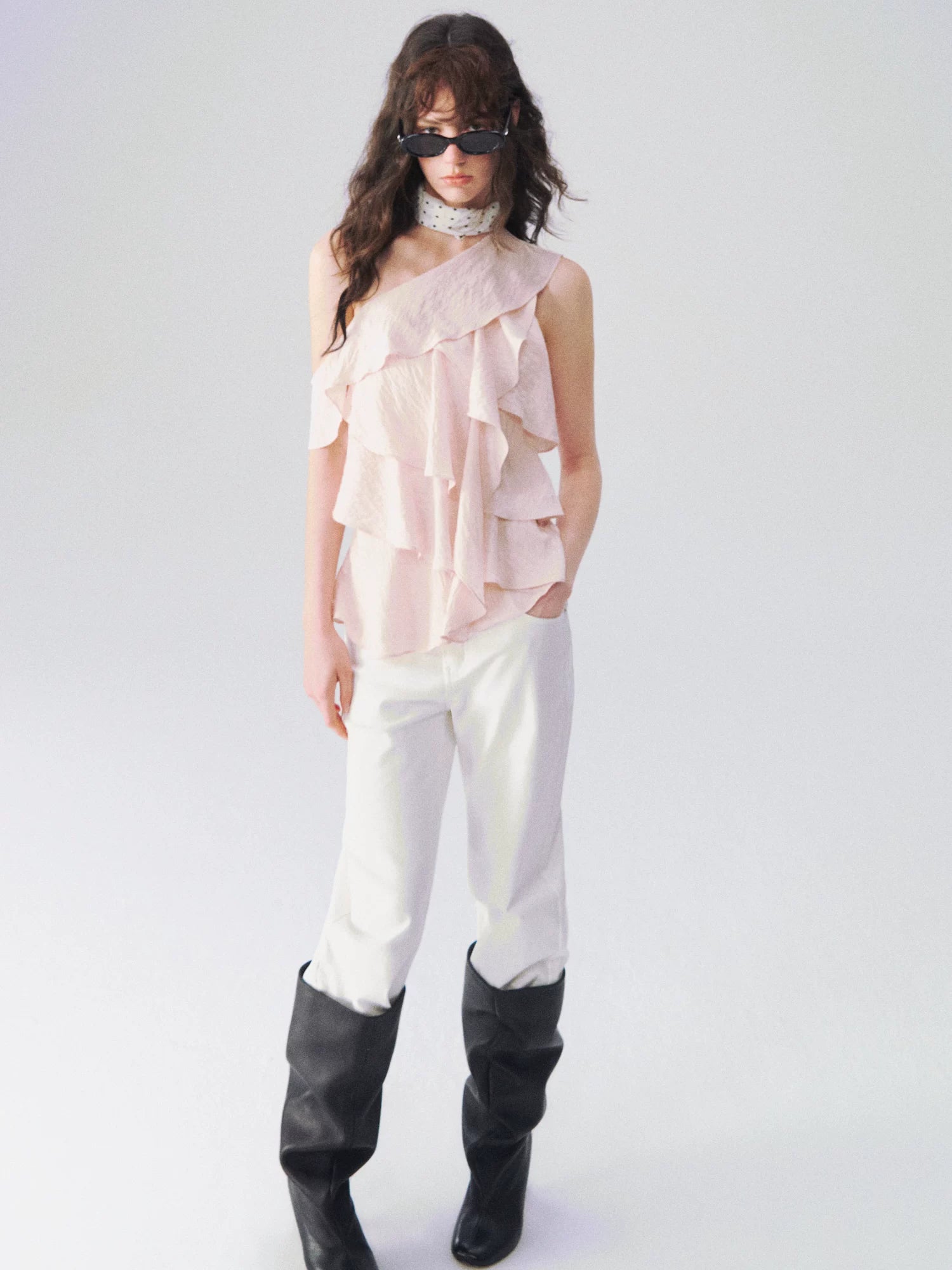 Layered Ruffle One-Shoulder Blouse