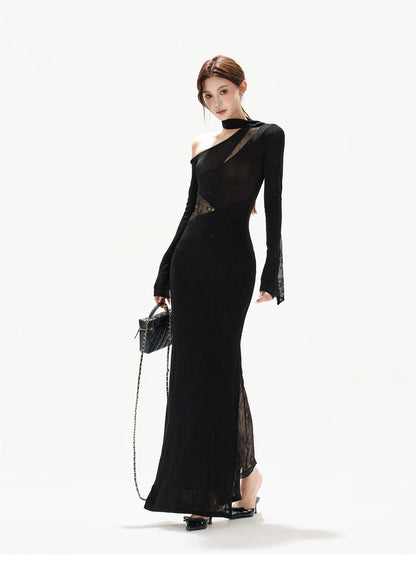 Asymmetric One-Shoulder Knit Evening Dress
