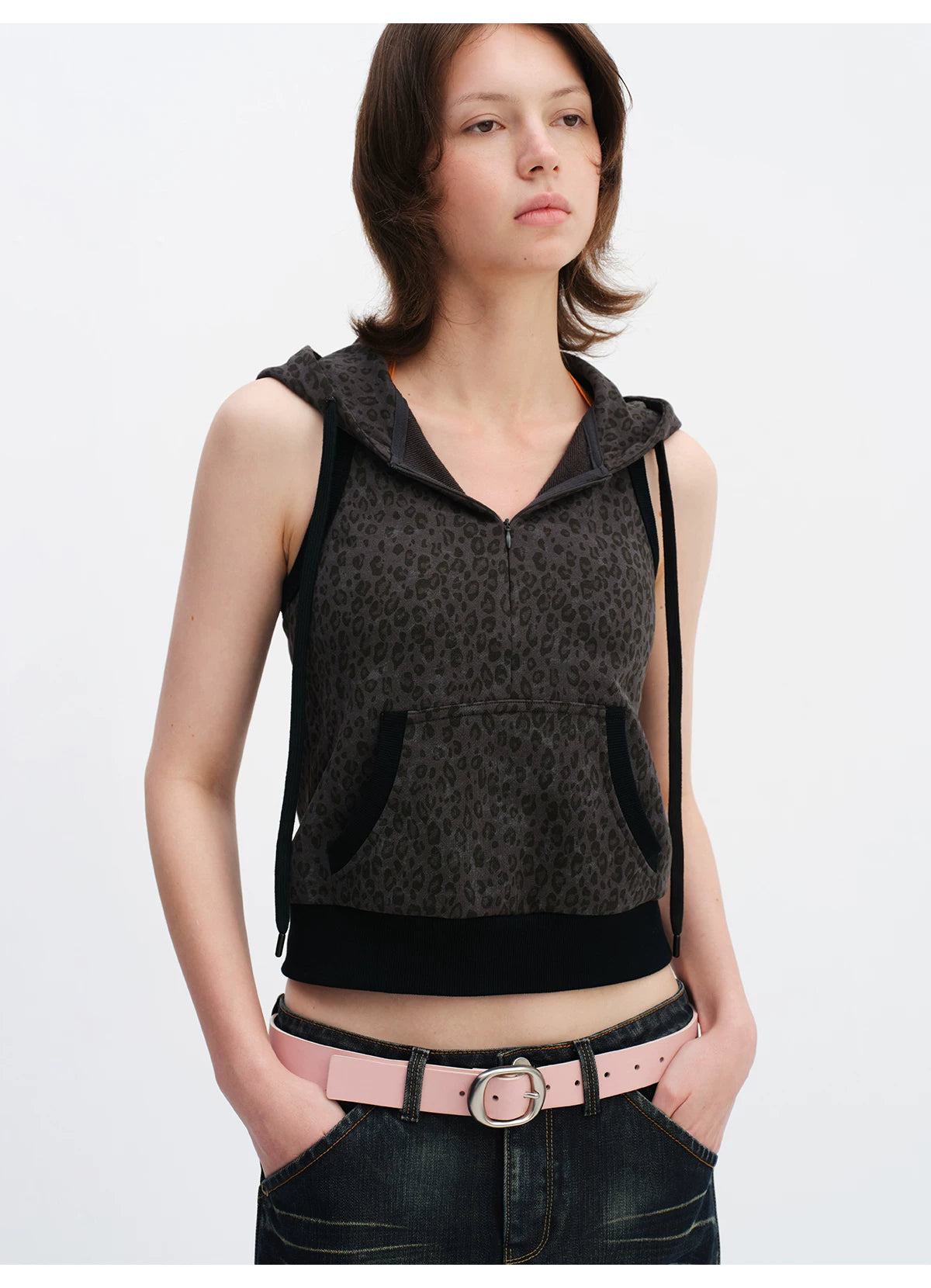 Cool-Tone Leopard Hooded Sleeveless Hoodie