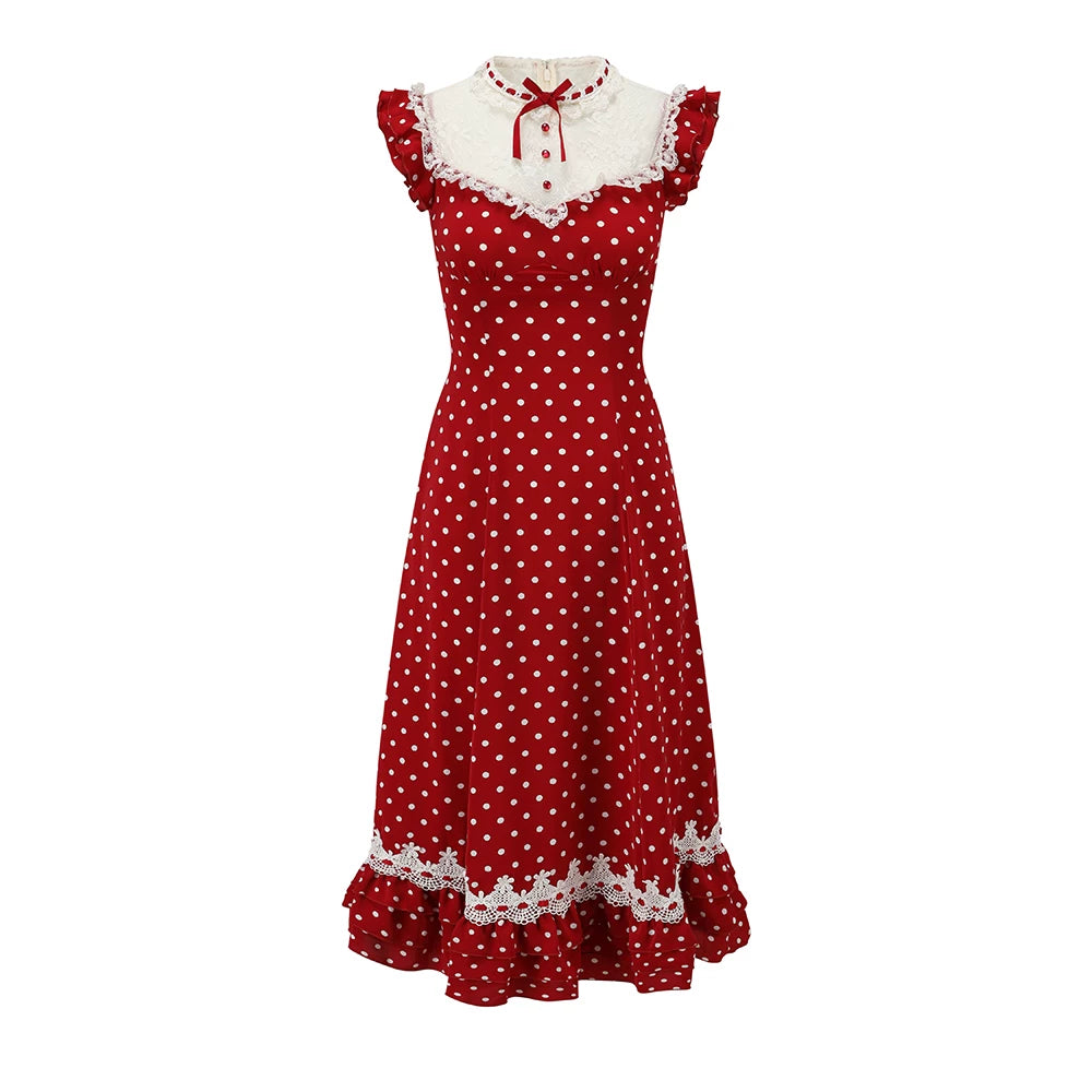 Red Sweet Collegiate Polka Dot Lace Dress