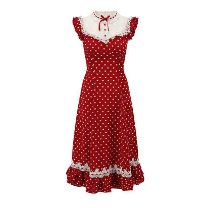 Red Sweet Collegiate Polka Dot Lace Dress
