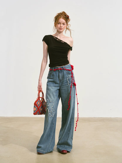 Asymmetric Neckline Fake Two-piece T-shirt
