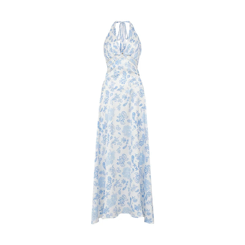 Halter V-Neck Cut-Out Printed Maxi Dress