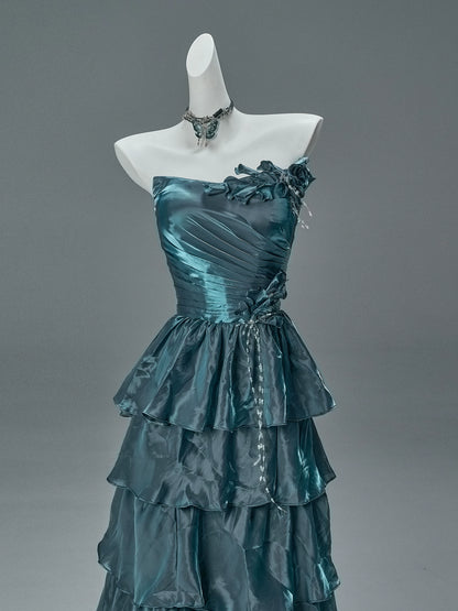 Bengi Midnight Teal Tiered Couture Gown