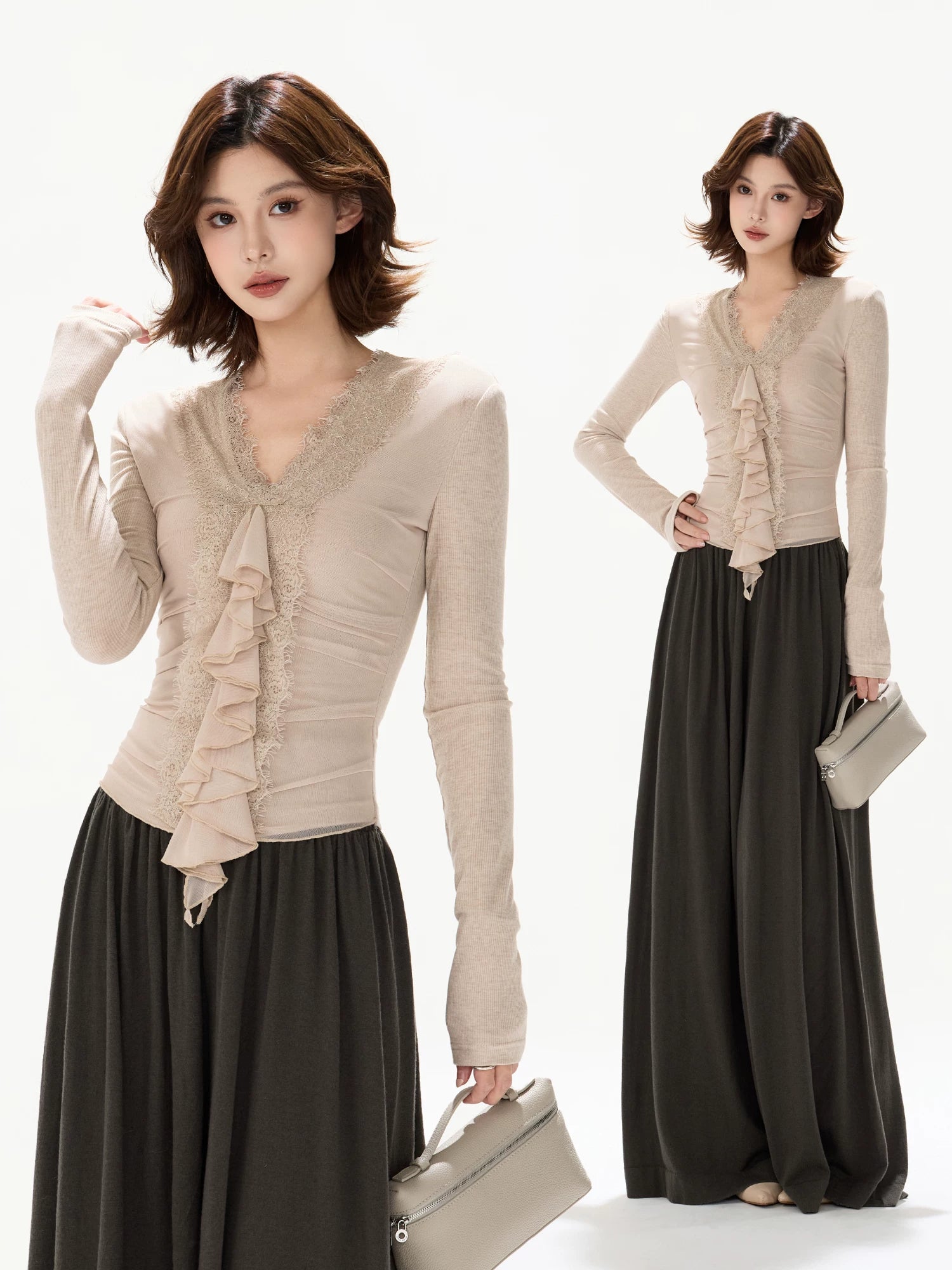 Elegant Lace Ruffle Knit V-Neck Top