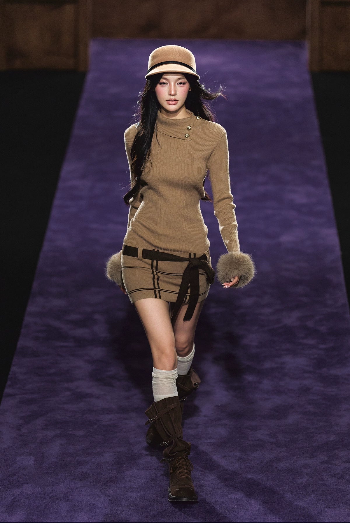 Faux Fur Cuff High-Neck Knit Dress