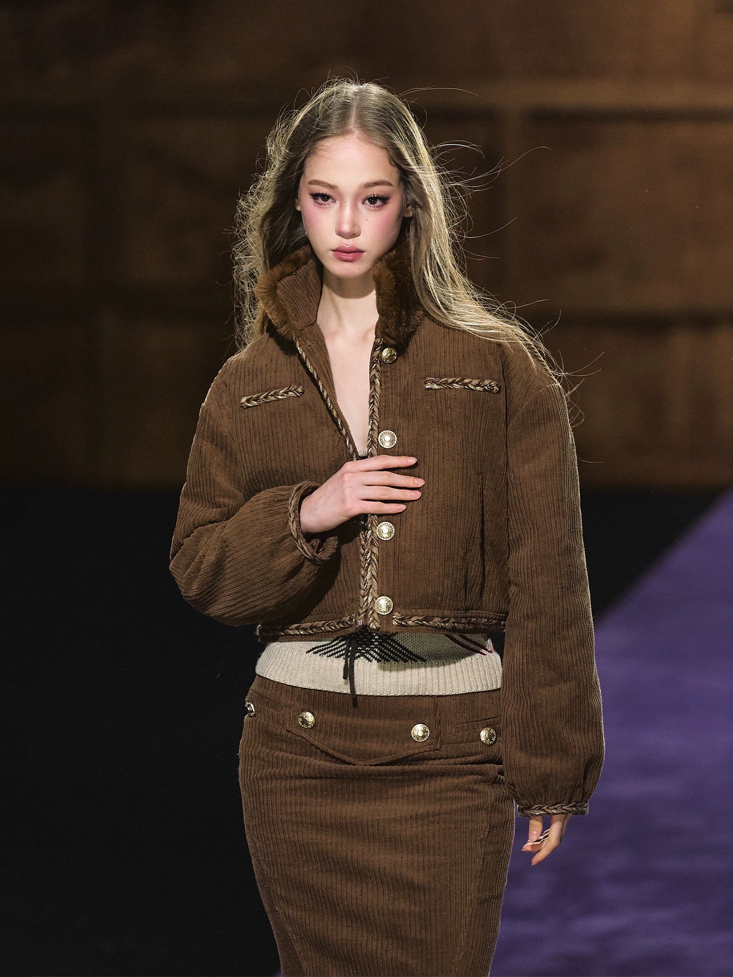Corduroy Fur-Collar Jacket &amp; Skirt Set