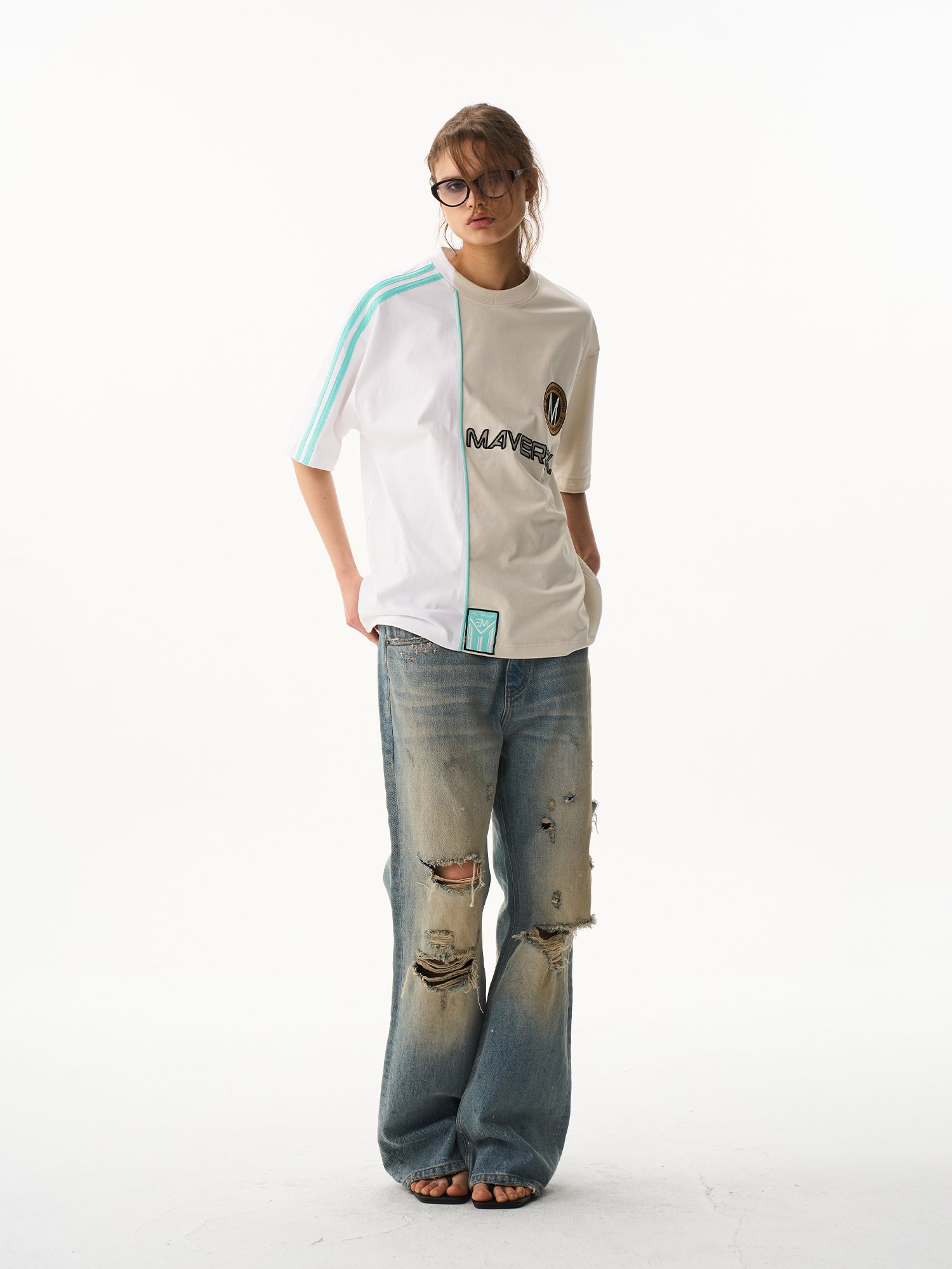 Contrast Panel Tape Embroidered T-Shirt