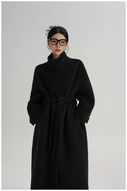 Asymmetric Stand-Collar Double-Faced Wool Coat