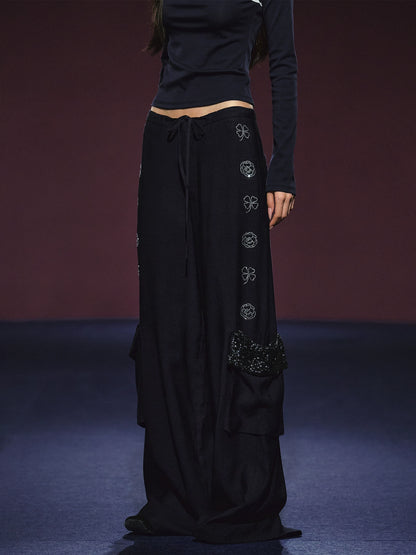 Rhinestone Pocket Drawstring Wide-Leg Pants - CHINASQUAD