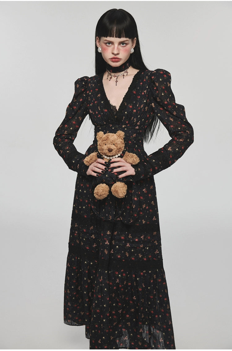 Bear Floral Lace Waist-cinching V-neck Midi Dress - CHINASQUAD