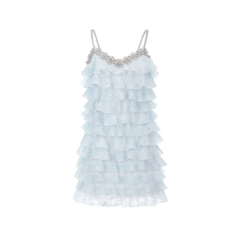Blue &amp; White Lace Tiered Camisole Dress
