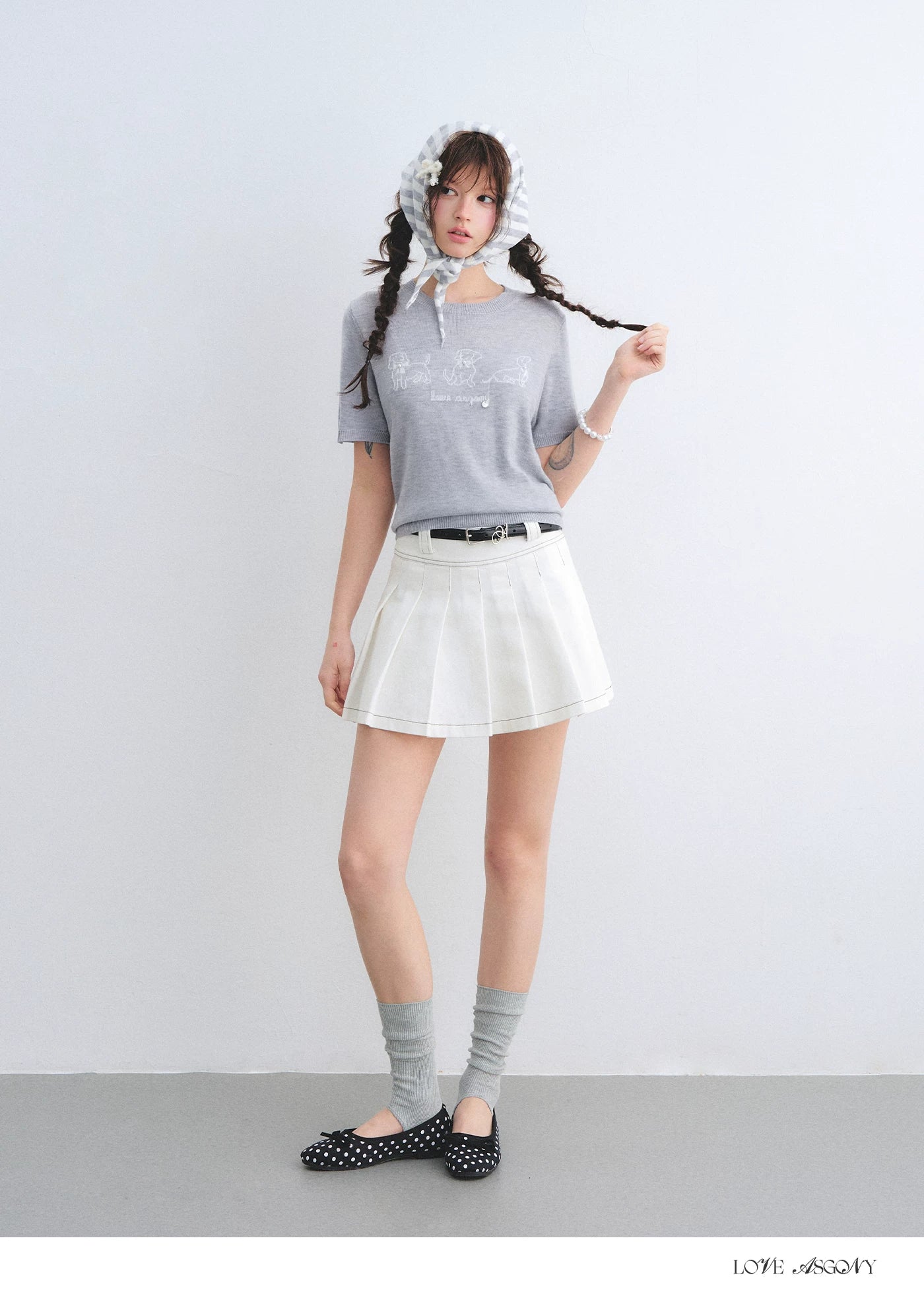 High-Waisted Washed Denim Pleated Mini Skirt