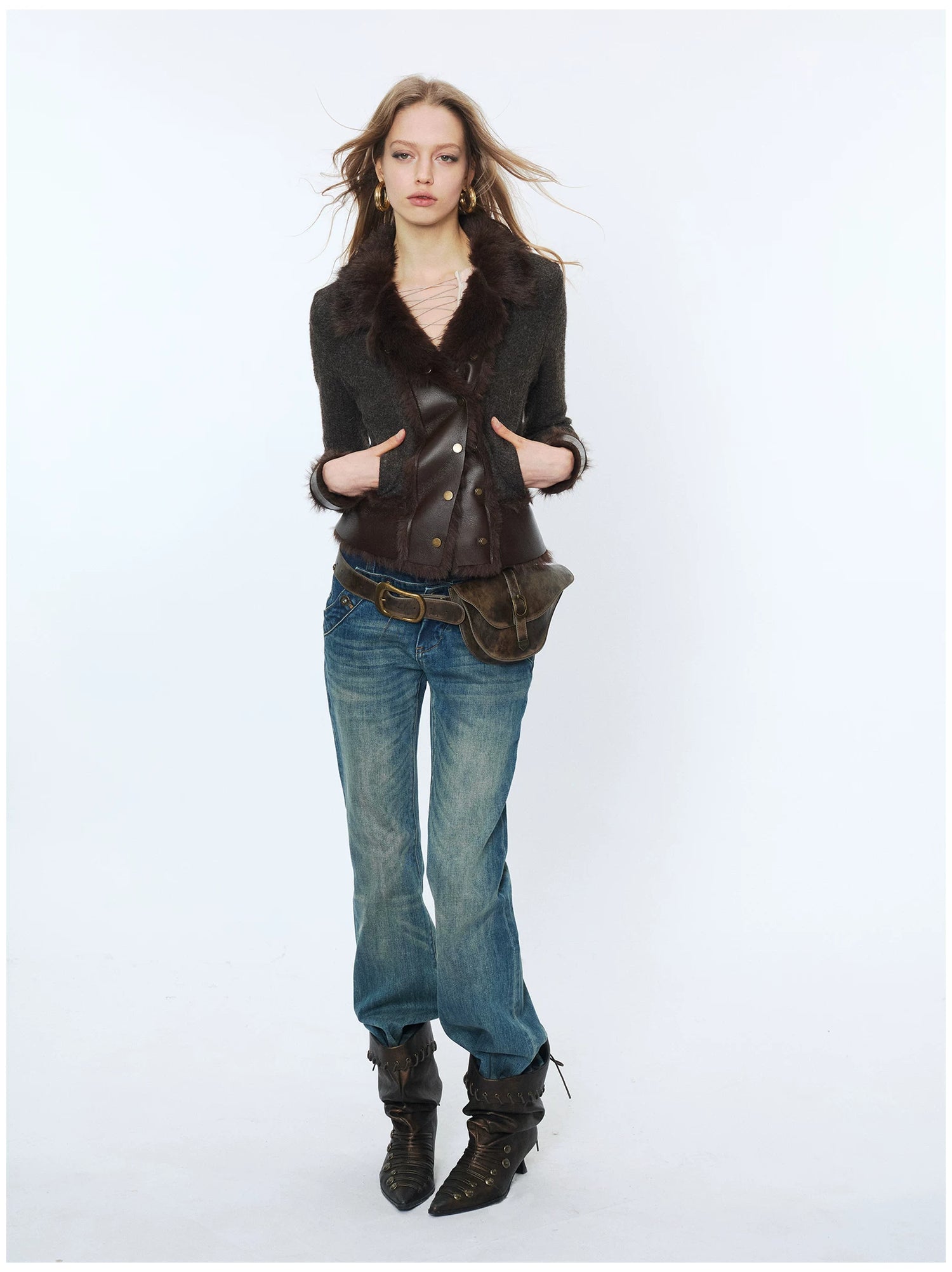 Knit Panel Faux Fur Cardigan Jacket