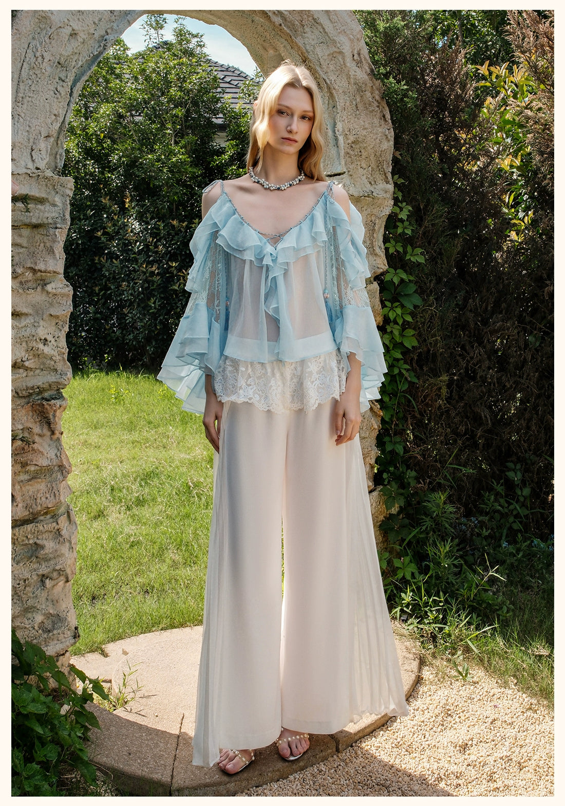 Layla Lace Ruffle Chiffon Wide-Leg Pants