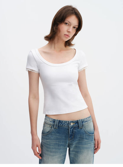 Lace Trim Scoop Neck Fitted Cotton T-Shirt