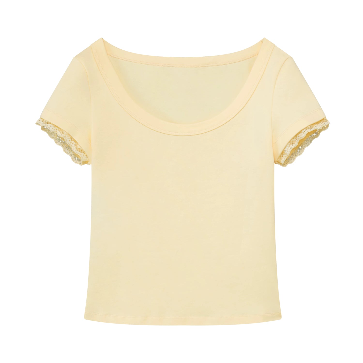 Lace Trim Scoop Neck Fitted Cotton T-Shirt