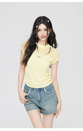 Yellow & Black Hollow Ruffled Knitted T-shirt - CHINASQUAD