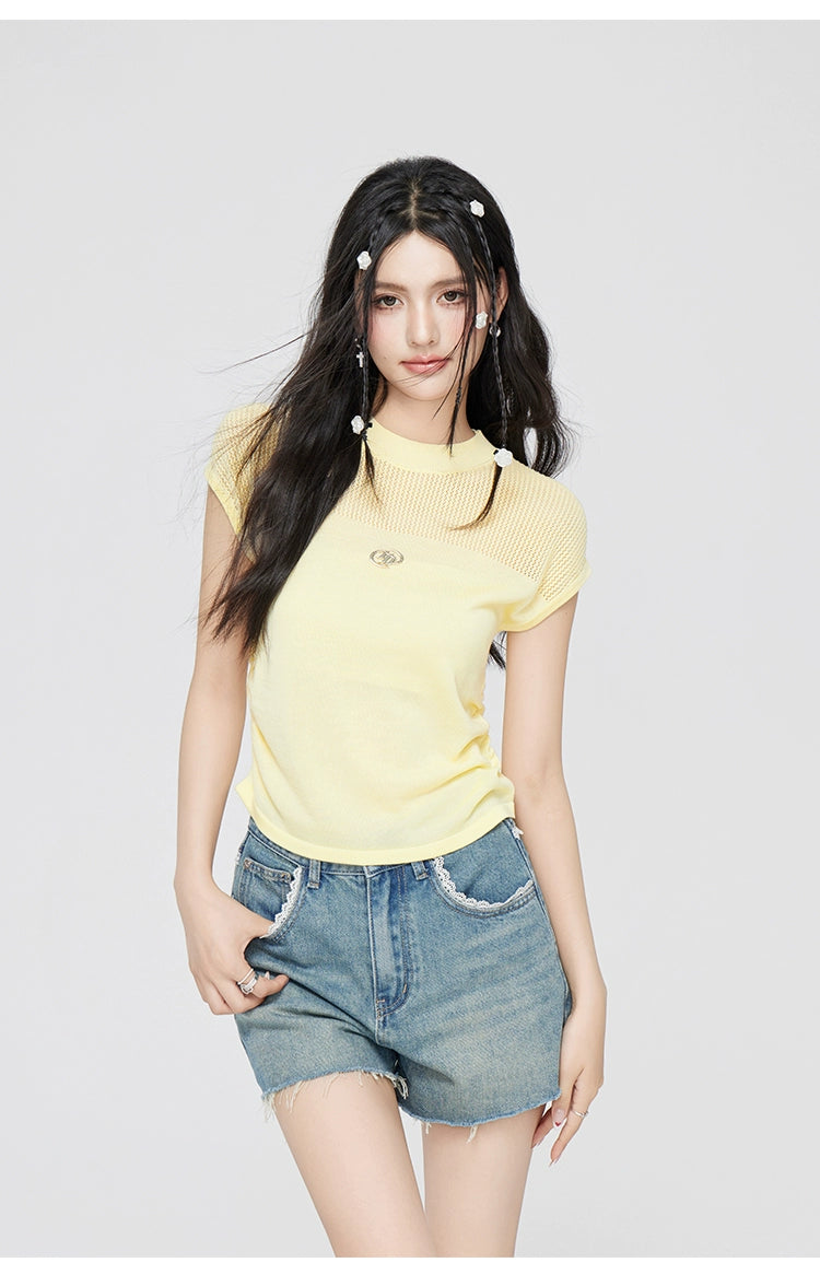 Yellow &amp; Black Hollow Ruffled Knitted T-shirt - CHINASQUAD