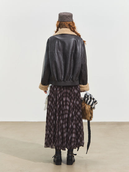 Lamb Wool Collar Faux Leather Biker Jacket