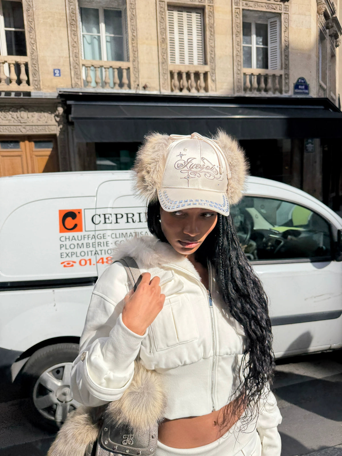 Rhinestone Ear-Flap Furry Baseball Cap