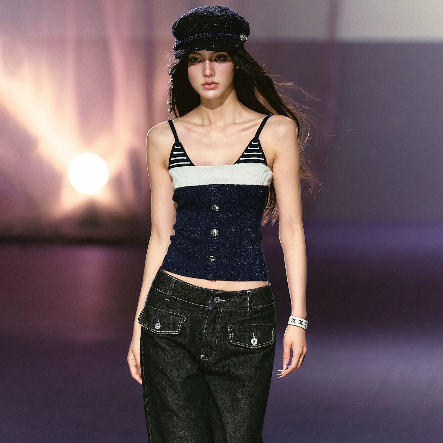 Nautical Stripe Shimmer Knit Faux-Layer Slim Fit Cami Top