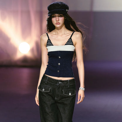 Nautical Stripe Shimmer Knit Faux-Layer Slim Fit Cami Top
