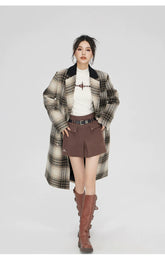 (Final Sale) Coffee Woolen Plaid Coat - CHINASQUAD