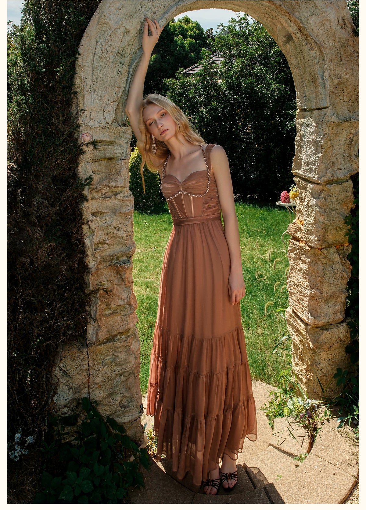 Tia Beaded Halter Chiffon Midi Dresses