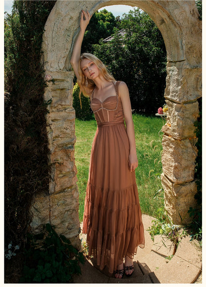 Tia Beaded Halter Chiffon Midi Dresses
