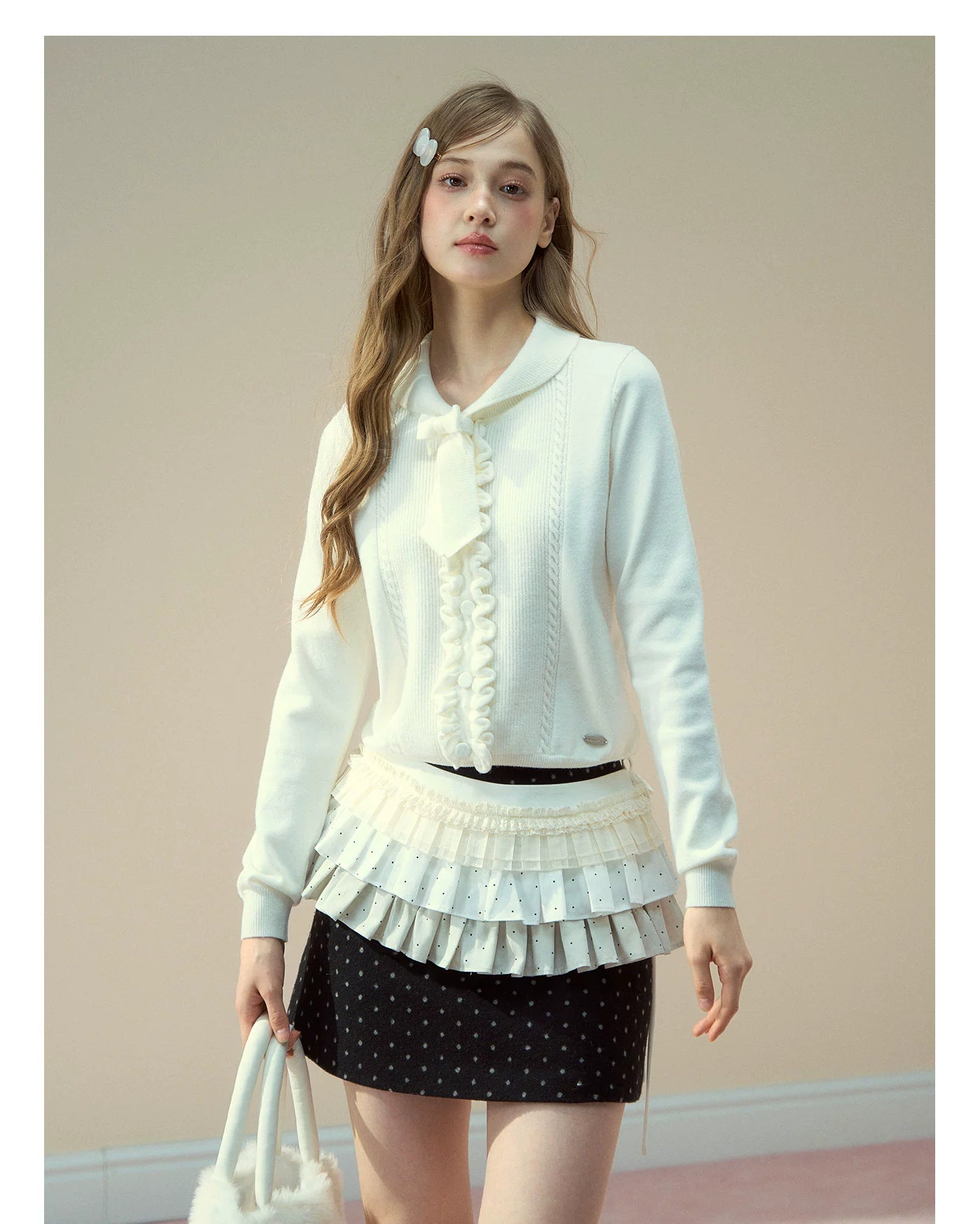 Ruffle Trim Bow Wool Sweater