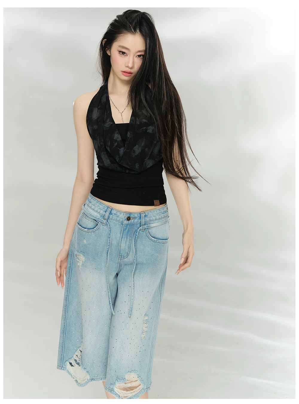 Crystal Distressed Cropped Straight-Leg Denim Jeans