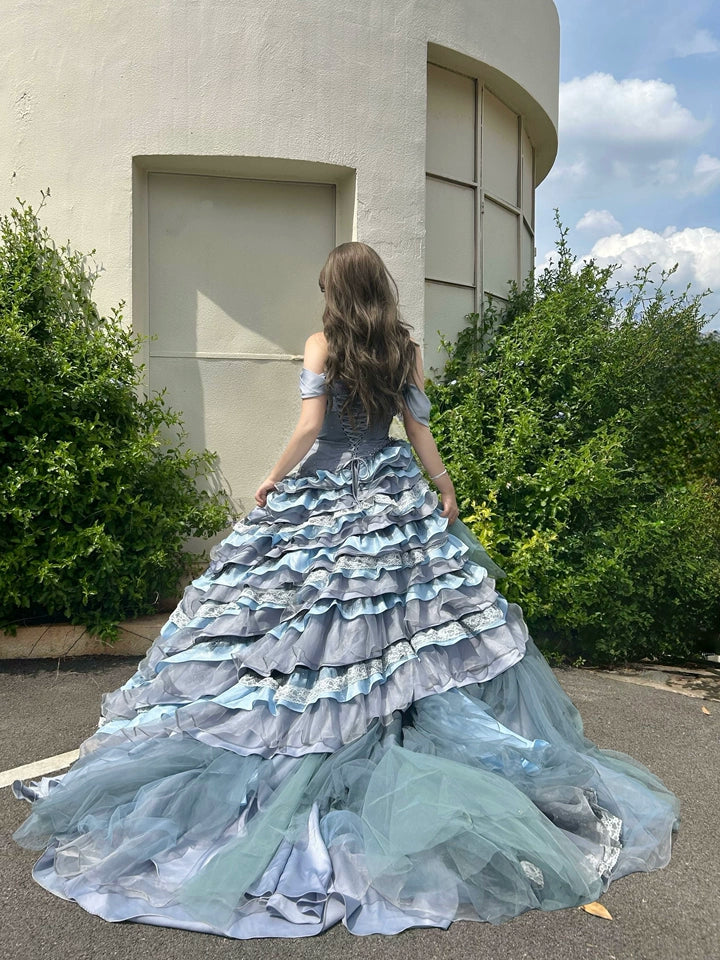 Nightscape Ruffled Tulle Gown with Floral Embellishments