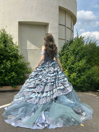 Nightscape Ruffled Tulle Gown with Floral Embellishments