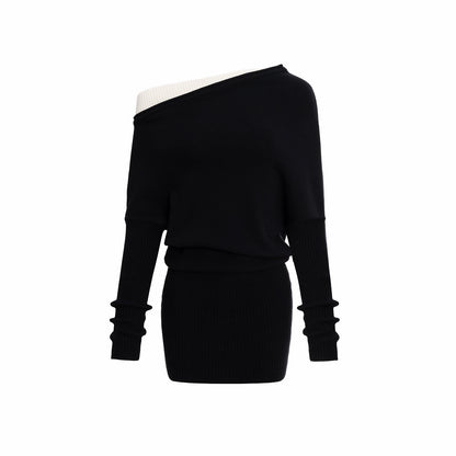 Asymmetric Contrast Knit Dress