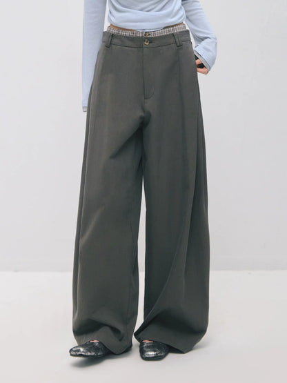 Asymmetric Pleated Curved Wide-Leg Trousers