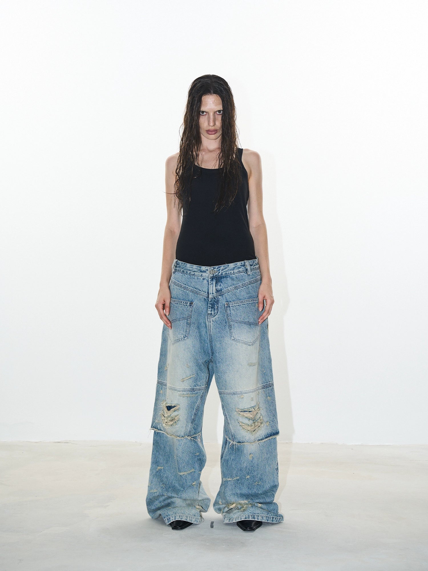 Double-Layer Distressed Washed Denim Pants