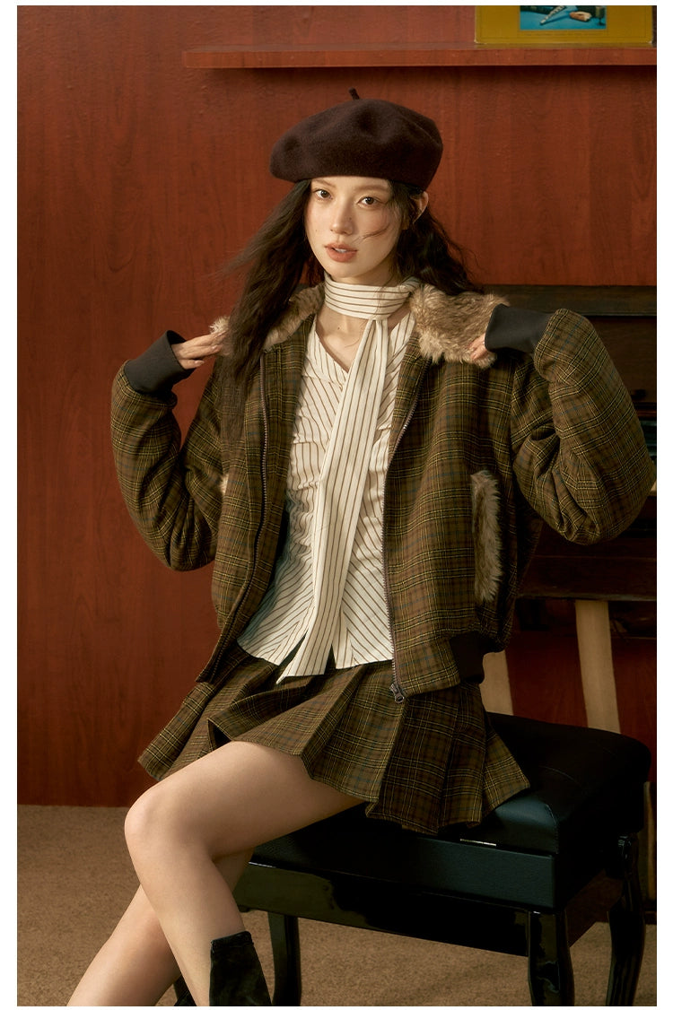 Khaki Plaid Patchwork Shearling Jacket &amp; Pleated Skirt Set - CHINASQUAD