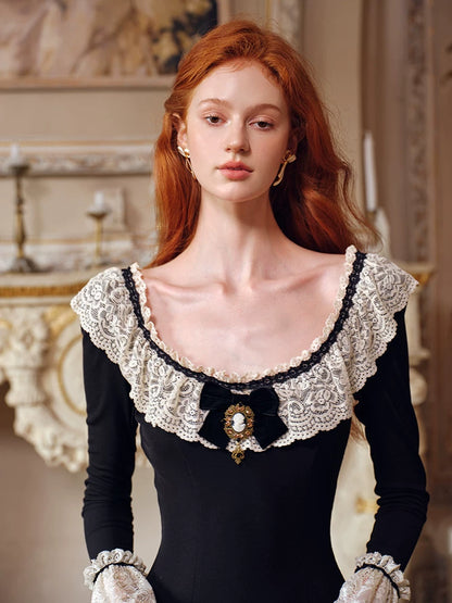 French Pastoral Black Knit Long-Sleeve Dress