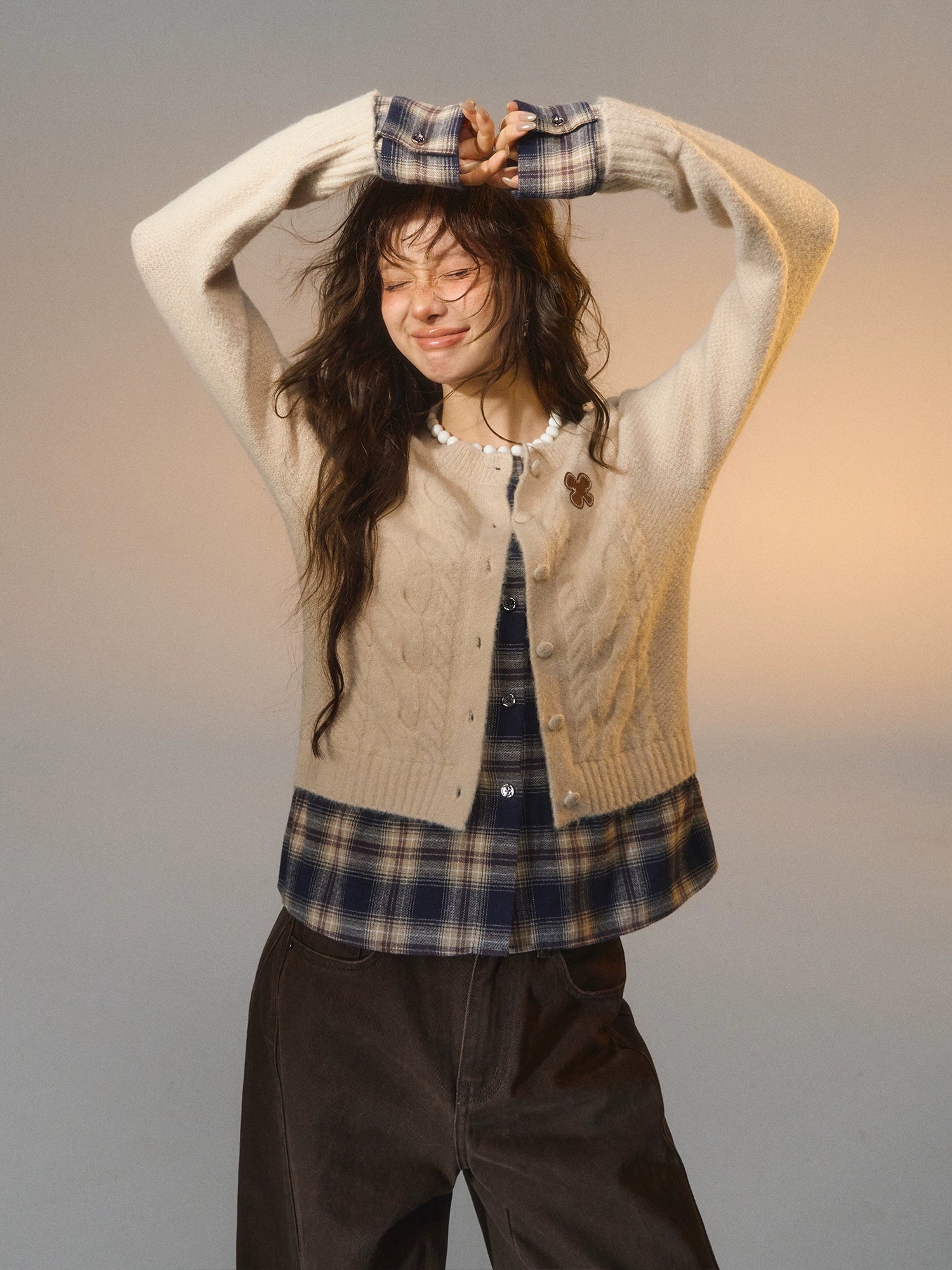 Layered Plaid Patchwork Cable Knit Cardigan