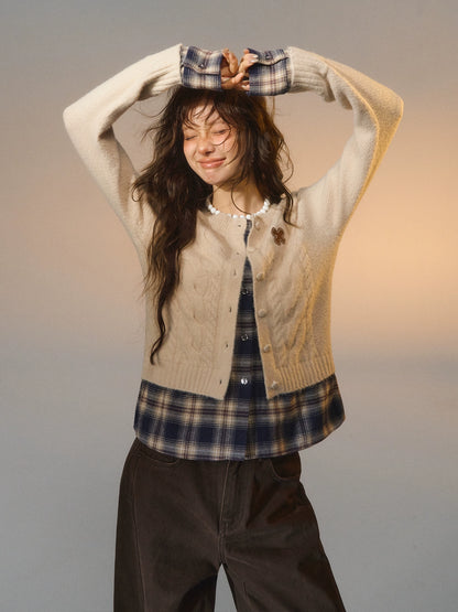 Layered Plaid Patchwork Cable Knit Cardigan