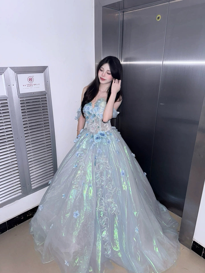 Silent Jellyfish Glow Iridescent Blue Couture Gown