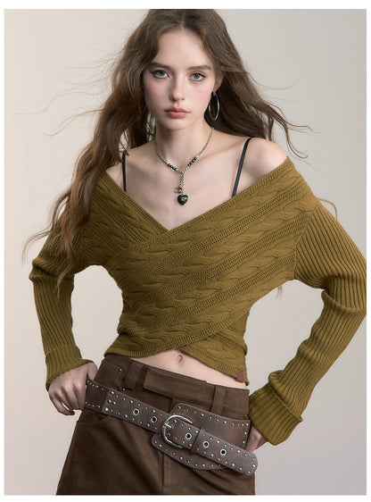 3D Cable Knit Cross Sweater