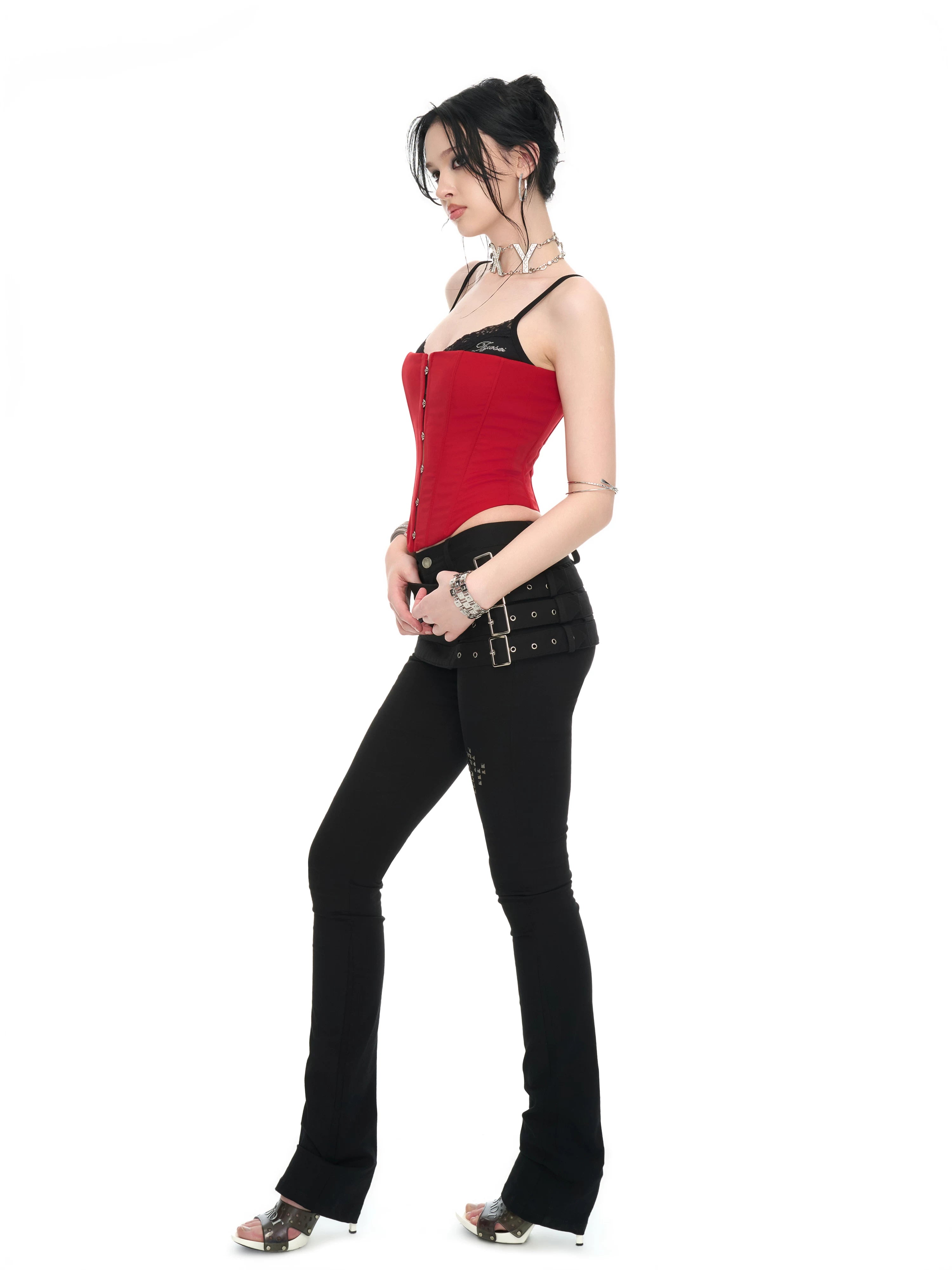 Crimson Lace Panel Hook Corset Camisole Top