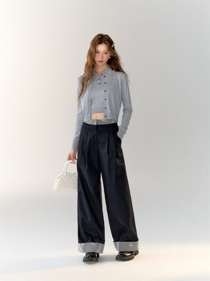 Lace-Patchwork Pleated Straight-leg Suit Pants