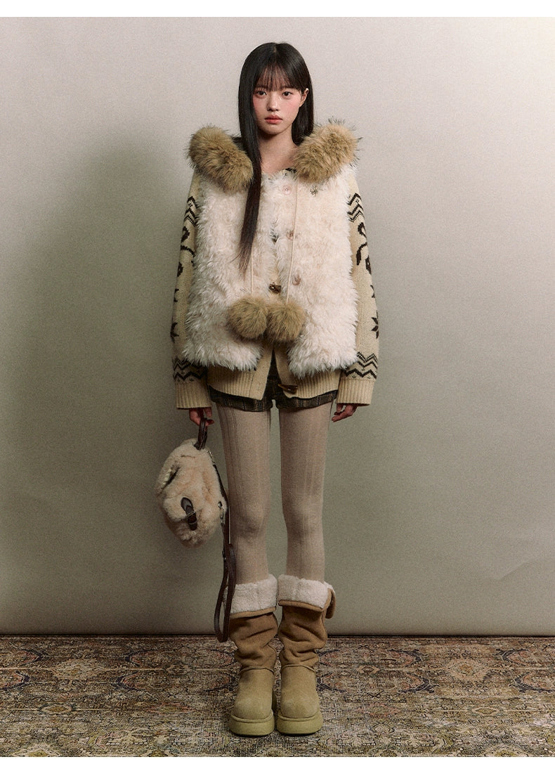Curly Faux Shearling Brooch Vest
